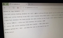 Thông điệp rao bán dữ liệu người dùng mà kẻ tấn công để lại trên website Ngân hàng Hợp tác xã Việt Nam tối 13/10/2018 (Nguồn ảnh: Zing.vn). 