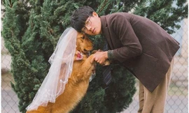 Chưa có người yêu, chàng trai đành chụp ảnh với chó cưng