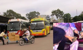 Bãi xe đón trả khách của Thành Bưởi trên đường Lê Hồng Phong - Quận 5 - TPHCM gần trụ sở Thanh tra GTVT (ảnh lớn). Xe hợp đồng, nhưng nhân viên thu tiền riêng từng khách (ảnh nhỏ). Ảnh: Bảo An