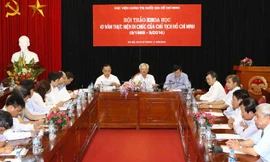 Ngày 27/8, tại Hà Nội, Học viện Chính trị Quốc gia Hồ Chí Minh tổ chức Hội thảo khoa học 45 năm thực hiện Di chúc của Chủ tịch Hồ Chí Minh (9/1969 - 9/2014). Ảnh: TTXVN
