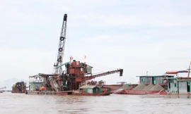 Chiếc cẩu và tàu hút cát hoành hành trên sông Hồng