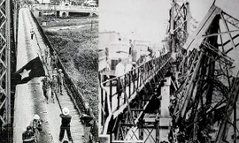 Nhóm chiến sĩ đầu tiên qua cầu Long Biên tiến vào tiếp quản Thủ đô ngày 10/10/1954 (trái); Cầu Long Biên bị máy bay Mỹ làm hư hại năm 1972