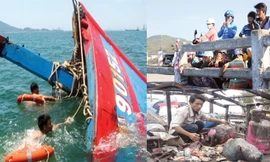 Tàu ĐNA 90152 bị tàu Trung Quốc đâm chìm; Người thân ngóng chờ các ngư dân bị Trung Quốc bắt; Cabin trên tàu cá bị tàu Trung Quốc thiêu rụi đầu năm 2013. Ảnh: PV