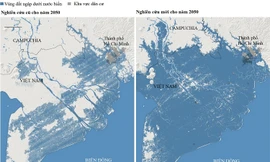 Đồ họa của New York Times về tình trạng ngập lụt ở Nam Bộ theo công bố cũ và mới của Tổ chức Climate central.