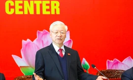 Tổng Bí thư Nguyễn Phú Trọng phát biểu và trả lời báo chí tại Trung tâm Báo chí Đại hội XIII của Đảng, ngày 1/2/2021 ảnh: Như Ý