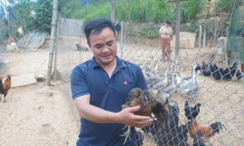 Anh Hà Văn Ngọc tại khu vực chăn nuôi gà trong trang trại của mình 