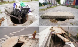 Hàng loạt hố ga không nắp trên tuyến đường mới mở ở Long Biên