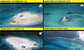 Ảnh chụp 4 thời điểm khác nhau từ năm 2012 đến nay cho thấy Trung Quốc đang cải tạo Đá Gạc Ma. Ảnh: Philstar