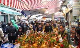 Người Hà Nội chi nửa triệu đồng mua gà ngậm hoa hồng sáng 29 Tết tại chợ 'nhà giàu'