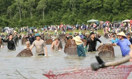 Hàng nghìn người đội nắng chen chúc bắt cá cầu may