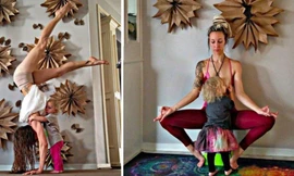 Carlee Benear vừa tập yoga vừa cho con bú năm 2018. Ảnh: Rear Front.