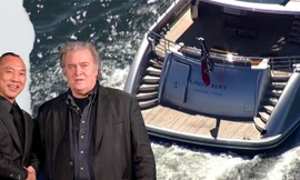Tỷ phú Trung Quốc Quách Văn Quý (trái), cựu chiến lược gia trưởng Nhà Trắng Steve Bannon và chiếc du thuyền Lady May giá 37 triệu USD. Ảnh: Reuters và Getty Images.