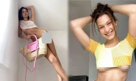Cách ly ở nhà, Bella Hadid gây sốt với bộ ảnh che thân bằng túi xách chụp FaceTime