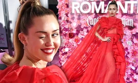 Miley Cyrus diện váy xuyên thấu đỏ rực, lấp ló ngực đầy