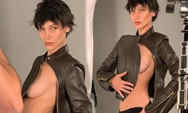 ‘Nóng mặt’ Bella Hadid phanh áo lộ ngực trần trong hậu trường chụp ảnh