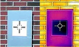 Một bức ảnh được chụp bởi máy ảnh hồng ngoại cho thấy sơn màu trắng (hình vuông sẫm màu) làm mát bảng xung quanh (hình chữ nhật) dưới nhiệt độ môi trường xung quanh.