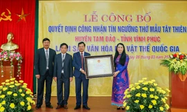 Bà Hoàng Thị Thúy Lan - Ủy viên Trung ương Đảng, Bí thư Tỉnh ủy, Trưởng đoàn đại biểu Quốc hội tỉnh Vĩnh Phúc trao chứng nhận di sản văn hóa phi vật thể quốc gia cho đại diện huyện Tam Đảo. 
