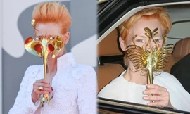 Câu chuyện về 2 chiếc mặt nạ bằng vàng và ngọc trai của Tilda Swinton ở thảm đỏ LHP Venice