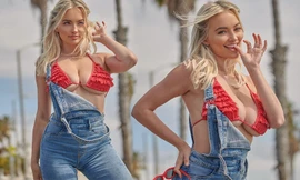 Lindsey Pelas phối áo bơi với quần yếm, khoe ‘siêu vòng 1’ nhức mắt