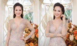 Á hậu Thuỵ Vân mặc váy dạ hội xuyên thấu lấp lánh khoe vòng 1 nóng bỏng làm MC