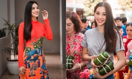 Tiểu Vy đẹp 'xuất thần' với áo dài Xuân, lần đầu trổ tài gói bánh chưng ngày Tết
