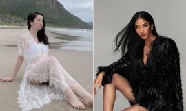 Hoàng Thuỳ mặc áo lông khoe chân dài 'cực phẩm', Giáng My diện váy xuyên thấu trên biển
