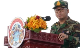 Phó Thủ tướng kiêm Bộ trưởng Bộ Quốc phòng Campuchia Tea Seiha phát biểu tại sự kiện ngày 28/5. (Ảnh: Khmer Times)