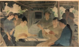 Bức tranh “Trong lán dân quân” của họa sĩ Nguyễn Văn Chung tại triển lãm “Còn mãi với thời gian”