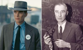 Nam tài tử Cillian Murphy hóa thân vào Oppenheimer (trái) và Oppenheimer ngoài đời thực ảnh: Universal Pictures 