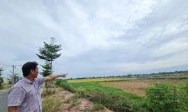 Ông Lê Thức (trú tổ dân phố Vạn Mỹ) chỉ tay về phía nghĩa trang Gò Nhuệ, nơi không thể tiếp tục chôn cất vì đã hết quỹ đất Ảnh: NN
