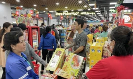 Hàng hóa tiêu dùng thiết yếu ngập khuyến mãi thu hút người tiêu dùng mua sắm (ảnh tại Satra Võ Văn Kiệt) ảnh: U.P 