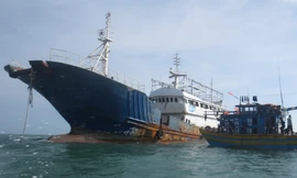 Con tàu được ngư dân lai dắt vào bờ. Ảnh: Thái Hà.