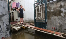 Một tuần sau mưa, người Hà Nội vẫn phải bắc 'cầu khỉ' vượt nước ngập