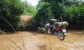Người và phương tiện đang “bay” qua sông Krông Ana mùa lũ. ảnh: PV
