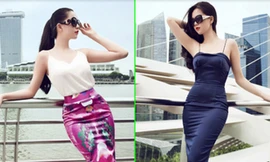 Ngọc Trinh khoe dáng đồng hồ cát ở Singapore