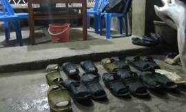 Giá thuê mỗi đôi dép tại khu du lịch Thác Bạc dao động 1.000 đến 5.000 đồng. Ảnh: Quốc Huy