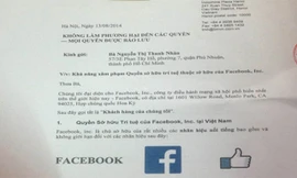 Thư đại diện pháp lý của Facebook cảnh báo Nàng Gánh. Ảnh: Trung Hiếu chụp lại