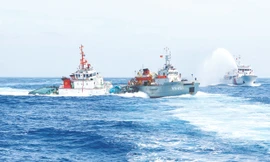 Tàu kiểm ngư của Việt Nam (giữa) bị các tàu Trung Quốc đâm, phun vòi rồng. Ảnh: Việt Cường 