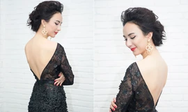 Hoa hậu Ngọc Diễm lưng trần gợi cảm với váy ren