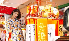 Trang Trần diện áo dài rực rỡ sắc màu dạo phố ông đồ