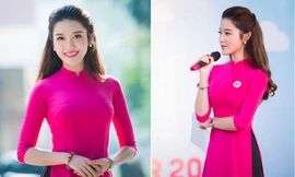 Á hậu Huyền My mặc áo dài đỏ rực trổ tài làm MC