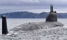 Tàu ngầm lớp Yasen của Nga mang tên Kazan ở Severomorsk, trên bờ biển Bắc Cực của Nga, ngày 1 tháng 6 năm 2021. Lev Fedoseyev\TASS\Getty Images