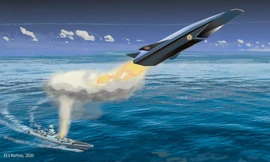 Bản vẽ mô tả cảnh tàu chiến Ấn Độ phóng tên lửa chống hạm siêu vượt âm