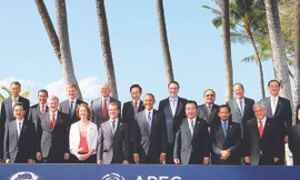 Chủ tịch nước Trương Tấn Sang (hàng thứ hai, ngoài cùng bên phải) với các nhà lãnh đạo các nền kinh tế thành viên APEC Ảnh: TTXVN