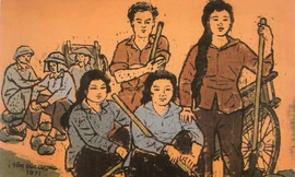 Nghỉ giữa buổi năm 1971, in khắc gỗ màu 31x41cm