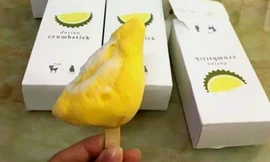 Mỗi que kem có hình dáng một múi sầu riêng nhỏ bằng nửa bàn tay.