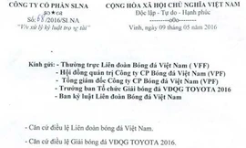 Văn bản CLB SL Nghệ An gửi VFF, VPF