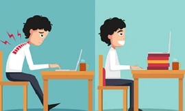 Tư thế ngồi làm việc sai (ảnh trái) dễ gây đau mỏi vai, gáy, lưng và dẫn đến bệnh lý về cột sống. 