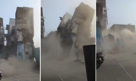 Căn nhà 3 tầng đổ sập vì hàng ngàn con chuột. Ảnh cắt từ clip.