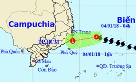 Vị trí và hướng di chuyển của áp thấp nhiệt đới (suy yếu từ cơn bão số 1). Ảnh: NCHMF.